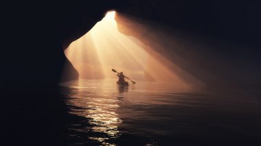 Kayaker afloating to the cave. clipart