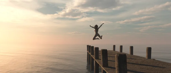 Kvinna hoppar från pontonen — Stockfoto
