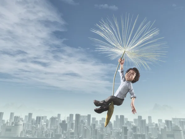 Man flies over a city — Stock Photo, Image