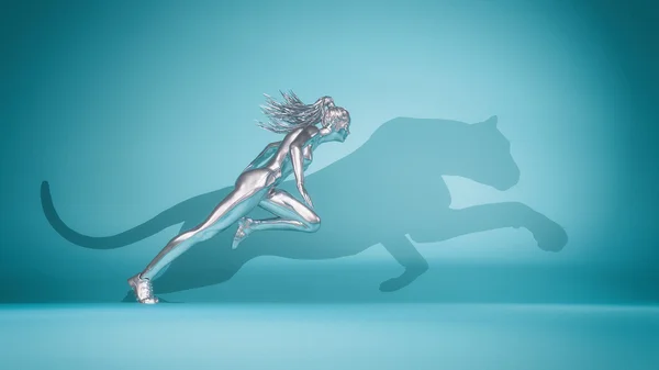 Mulher correndo em fundo azul — Fotografia de Stock