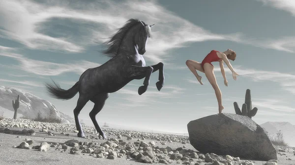 Athlète femme et un cheval dansant — Photo