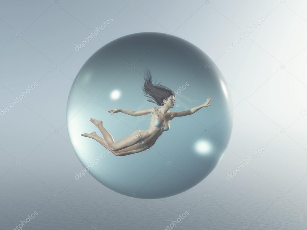 Woman floating  in a bubble