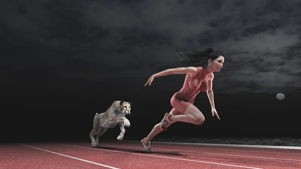 Athlete woman competing with a cheetah — Stock Photo, Image