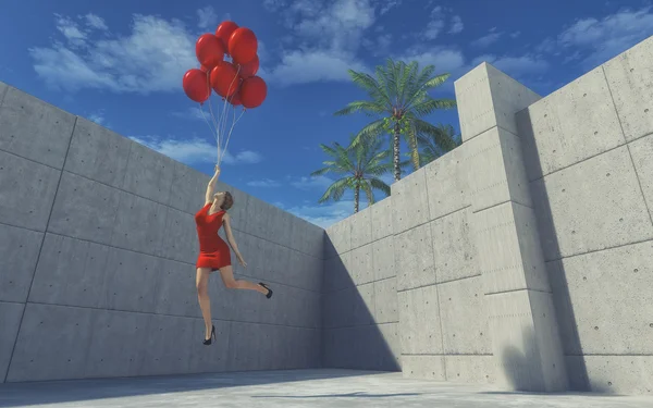Mladá dívka v šatech s červenými balóny — Stock fotografie
