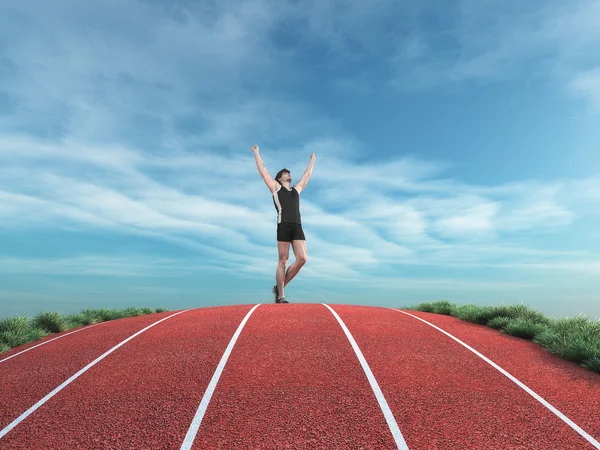 Atlet runner ellerini gökyüzüne yükselir. — Stok fotoğraf