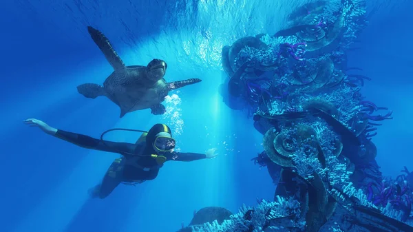 Diver and giant turtle — Stock Photo, Image