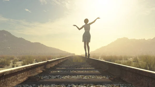 Una ragazza che cammina sulla ferrovia — Foto Stock