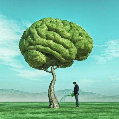 Man squirting a big tree shaped human brain clipart