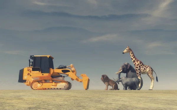 A yellow bulldozer in front of wild animals — Stock Photo, Image