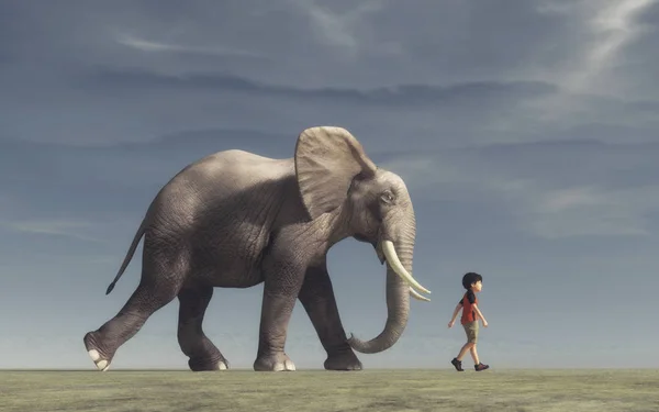 Хлопчик йде і великий слон — стокове фото