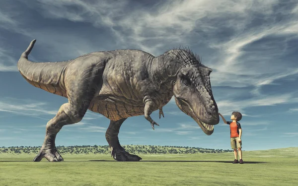 Un niño y un gran dinosaurio — Foto de Stock
