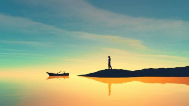 Adam sahile ve bir tekne 