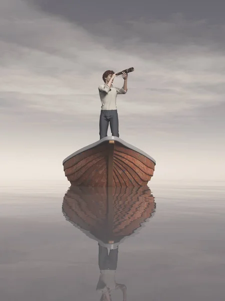 Man in een boot op zoek — Stockfoto