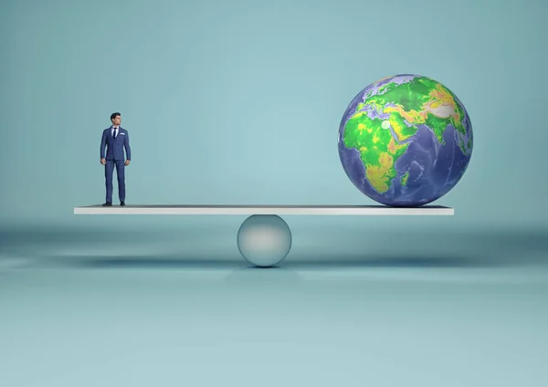 Üzletember és a Föld gömb közötti egyensúly — Stock Fotó