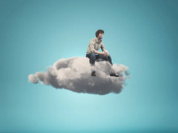 Imagen surrealista de un hombre sentado en una nube gris — Foto de Stock