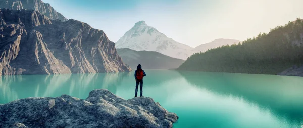 Viaggiatore lago montagna — Foto Stock