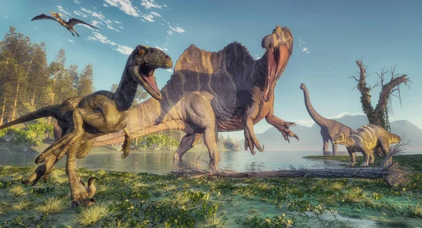 Spinosaurus and deinonychus — Stock Photo, Image