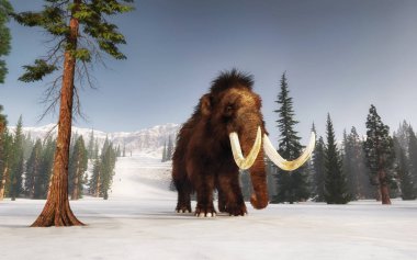 Mammoth walking on snow covered hills. Mountain environment . This is a 3d render illustration. clipart