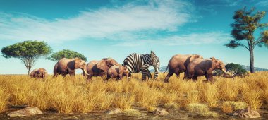 Kalabalığın içinde zebra derisi olan bir fil. Kutu kavramının dışını düşün. Bu 3 boyutlu bir çizim.