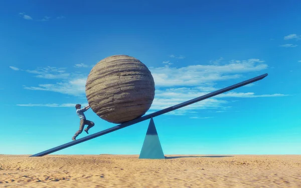 Man Pushing Big Rock Sphere Balance Concept Ambition Overcoming Obstacles — Stock Photo, Image