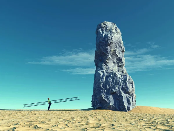 Man holds a ladder and looks up to climb a big rock in the wildness. This is a 3d render illustration.