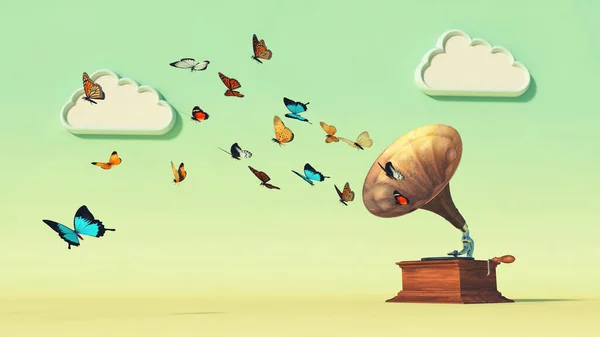 Mariposas Saliendo Viejo Gramófono Esta Una Ilustración Renderizado —  Fotos de Stock