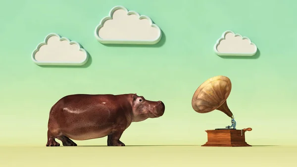 Hippopotame Écoutant Devant Vieux Gramophone Ceci Est Une Illustration Rendu — Photo