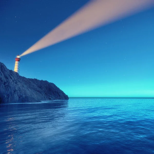 Latarnia Morska Nocy Wiązką Światła Reflektorów Jest Ilustracja Renderowania — Zdjęcie stockowe