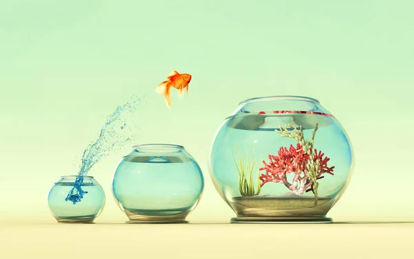 Golden fish jump over a fishbowl to another . This is a 3d render illustration .