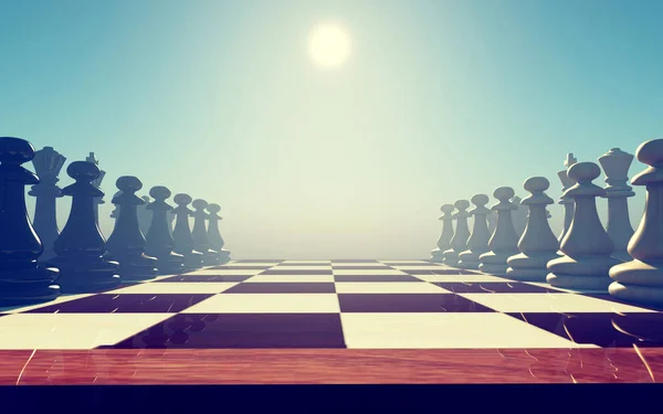 Full chess board ready to play . This is a 3d render illustration .