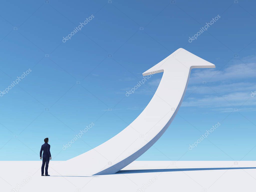 Businessman looks to a white arrow rising up. This is a 3d render illustration . 