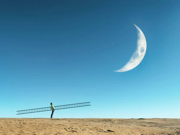 Man holding a ladder an looks up to the moon . This is a 3d render illustration