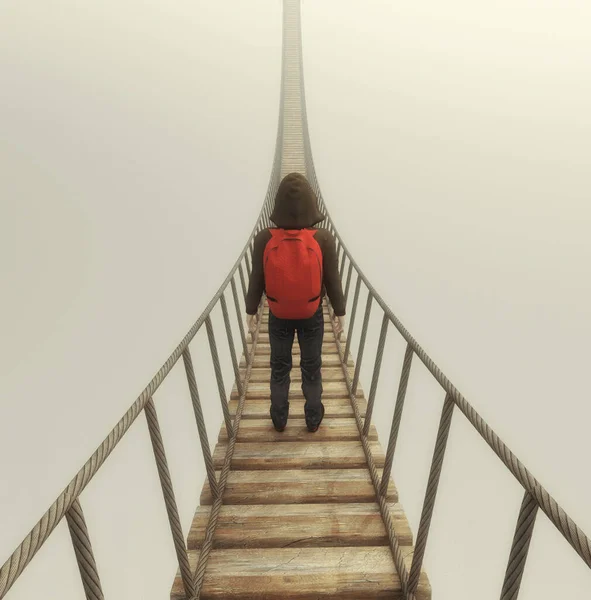 Traveler Backpack Standing Bridge Fog Render Illustration — Stock Photo, Image