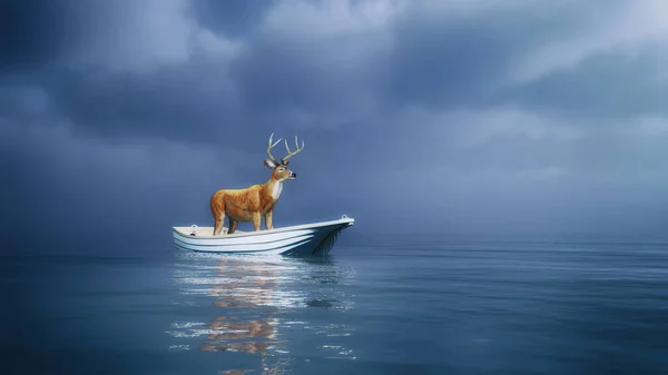 Cerf Debout Sur Bateau Dans Océan Ceci Est Une Illustration — Photo