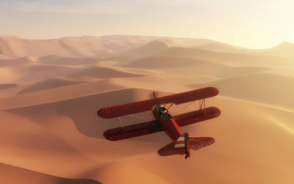 Repülőgép Repül Sivatag Felett Egy Renderelés Illusztráció — Stock Fotó