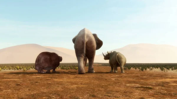 Back view of animals walking at safari . This is a 3d render illustration