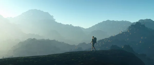 Viajero Con Una Mochila Caminando Sobre Colinas Una Montaña Selva — Foto de Stock