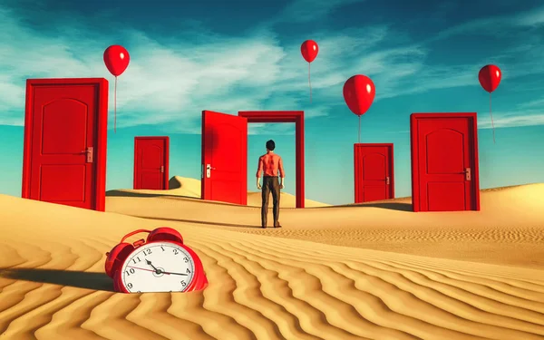 Hombre Frente Diferentes Puertas Desierto Portales Surrealistas Con Globos Reloj — Foto de Stock