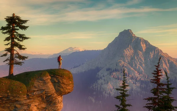 Hiker with a backpack on top of a rock admiring mountains view. This is a 3d render illustration.