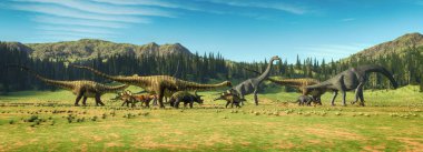 Vadideki dinozorlar. Bu 3 boyutlu bir çizim. .