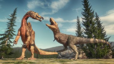 Jurassic Vadisi 'nde spinosaurus ve t rex arasında savaş. Bu 3 boyutlu bir çizim. . 