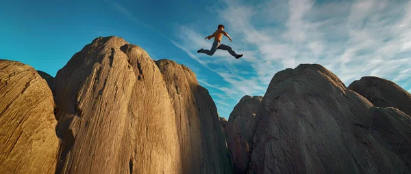 Άνθρωπος Πηδάει Πάνω Από Βράχους Αυτή Είναι Μια Τρισδιάστατη Απεικόνιση — Φωτογραφία Αρχείου