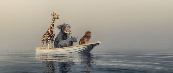 Animals in a boat traveling by sea . This is a 3d render illustration