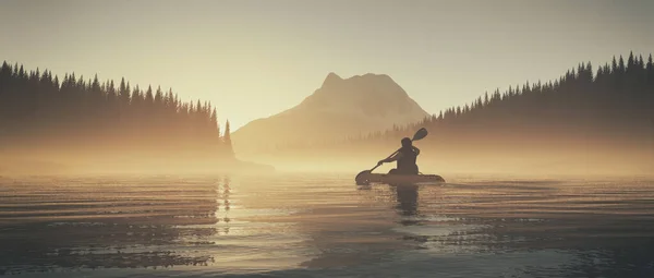 Человек Плавает Байдарках Озеру Рассвете Туманным Утром Render Illustration — стоковое фото