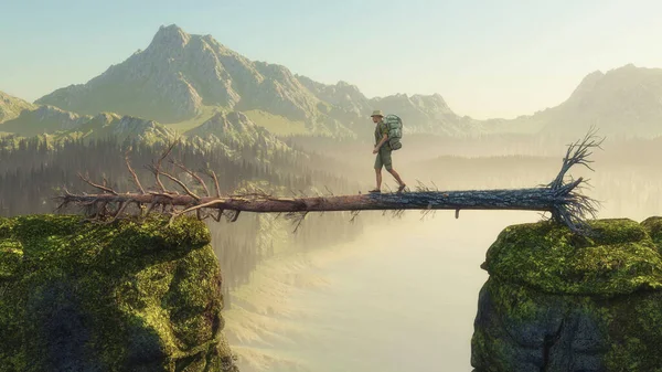 Мандрівник Ходить Опалому Дереву Між Двома Гірськими Скелями Ілюстрація A3D — стокове фото