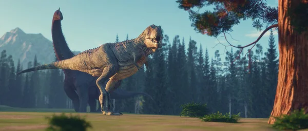 在侏罗纪山谷中的霸王龙和一个分支龙 这是一个3D渲染说明 — 图库照片