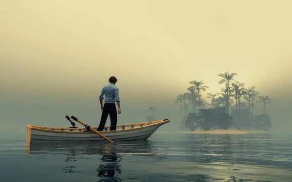 日落时分 一个人站在一条船上 望着一个遥远的岛屿 这是一个3D渲染说明 — 图库照片