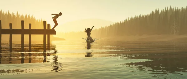 Paar Springt Bei Sonnenuntergang Von Einem Ponton Den See Dies — Stockfoto