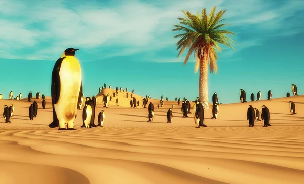 Gruppo Pinguini Piedi Nel Deserto Concetto Riscaldamento Globale Cambiamento Climatico — Foto Stock