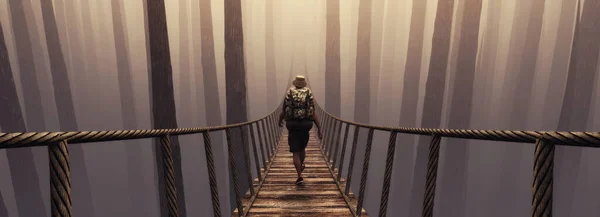 Voyageur Marchant Sur Suspension Pont Dessus Forêt Brumeuse Ceci Est — Photo